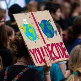 Klimademonstration mit Menschen, deren Hinterköpfe man sieht. Eine demonstrierende Person hält ein selbstgemaltes Pappschild mit einer intakten und einer zerstörten Erde, darunter der Spruch 